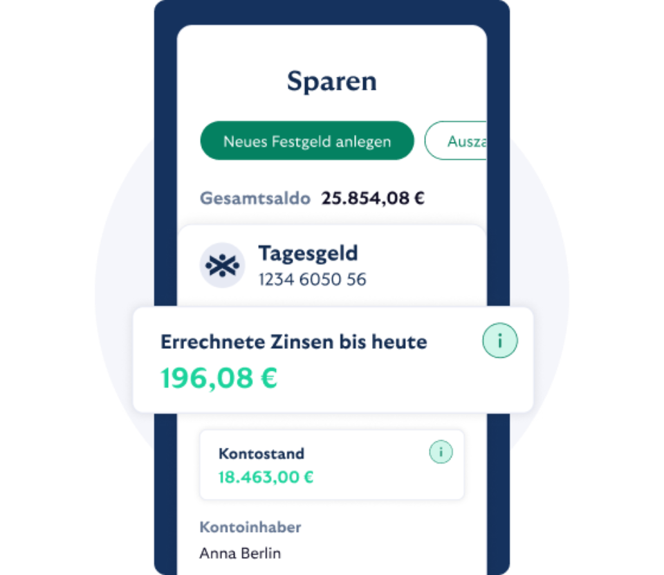 Banking-Screen zeigt einen Ausschnitt des Bereichs Sparen mit den Konten Tages- und Festgeld. 